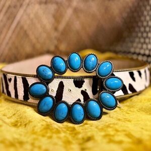 Vintage WCM New York Western Genuine Leather Cow  Belt w/ Turquoise Ring Buckle